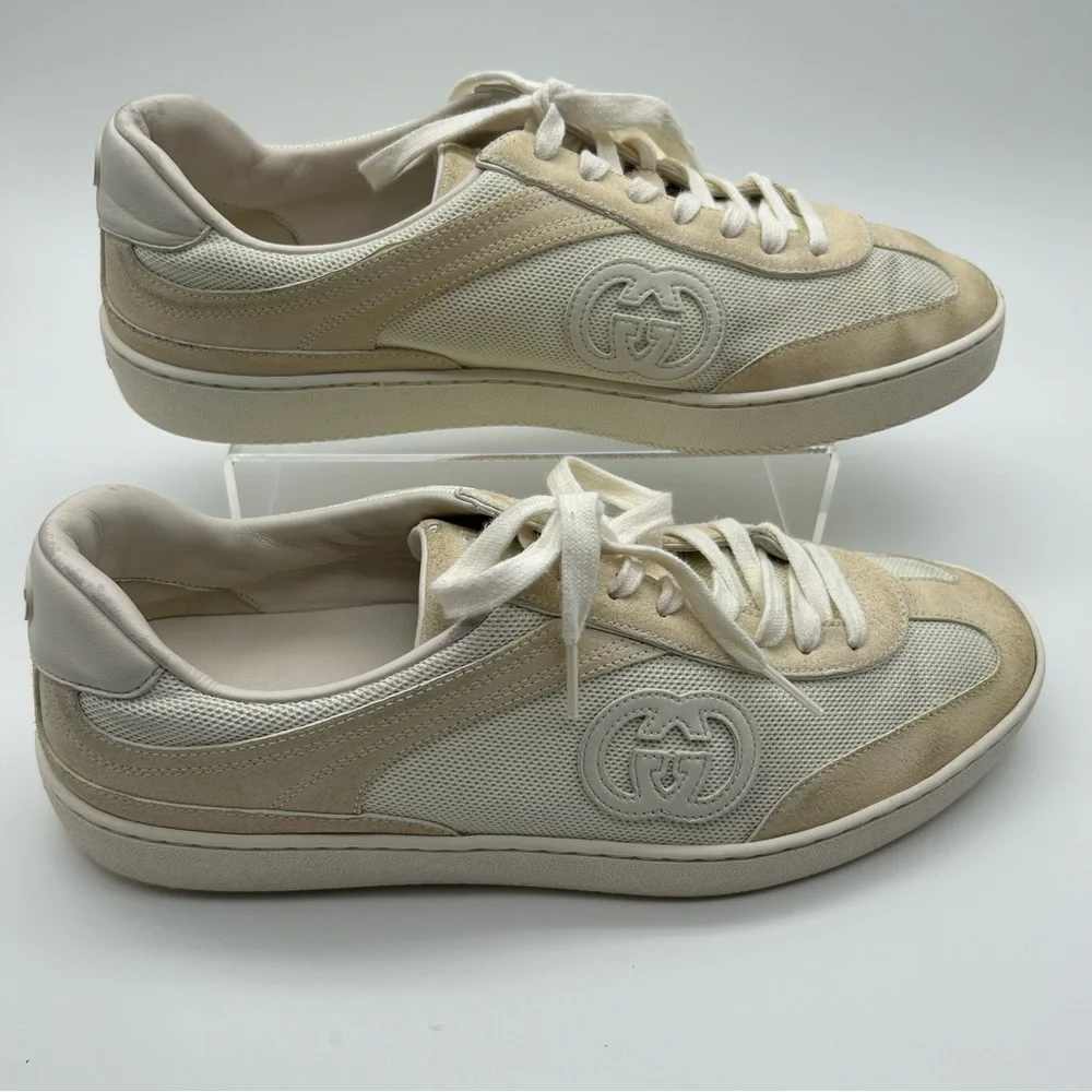 Gucci G75 light Beige Suede Low Top Lace up Sneakers Trainers Size 9